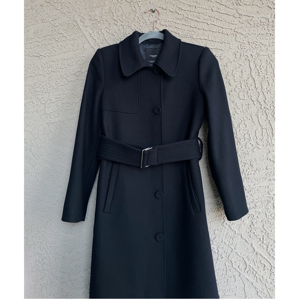MANGO Navy Blue Belted Wool Trench Coat Dark Navy Flap Overcoat XXS— Fits XS too - Picture 12 of 17